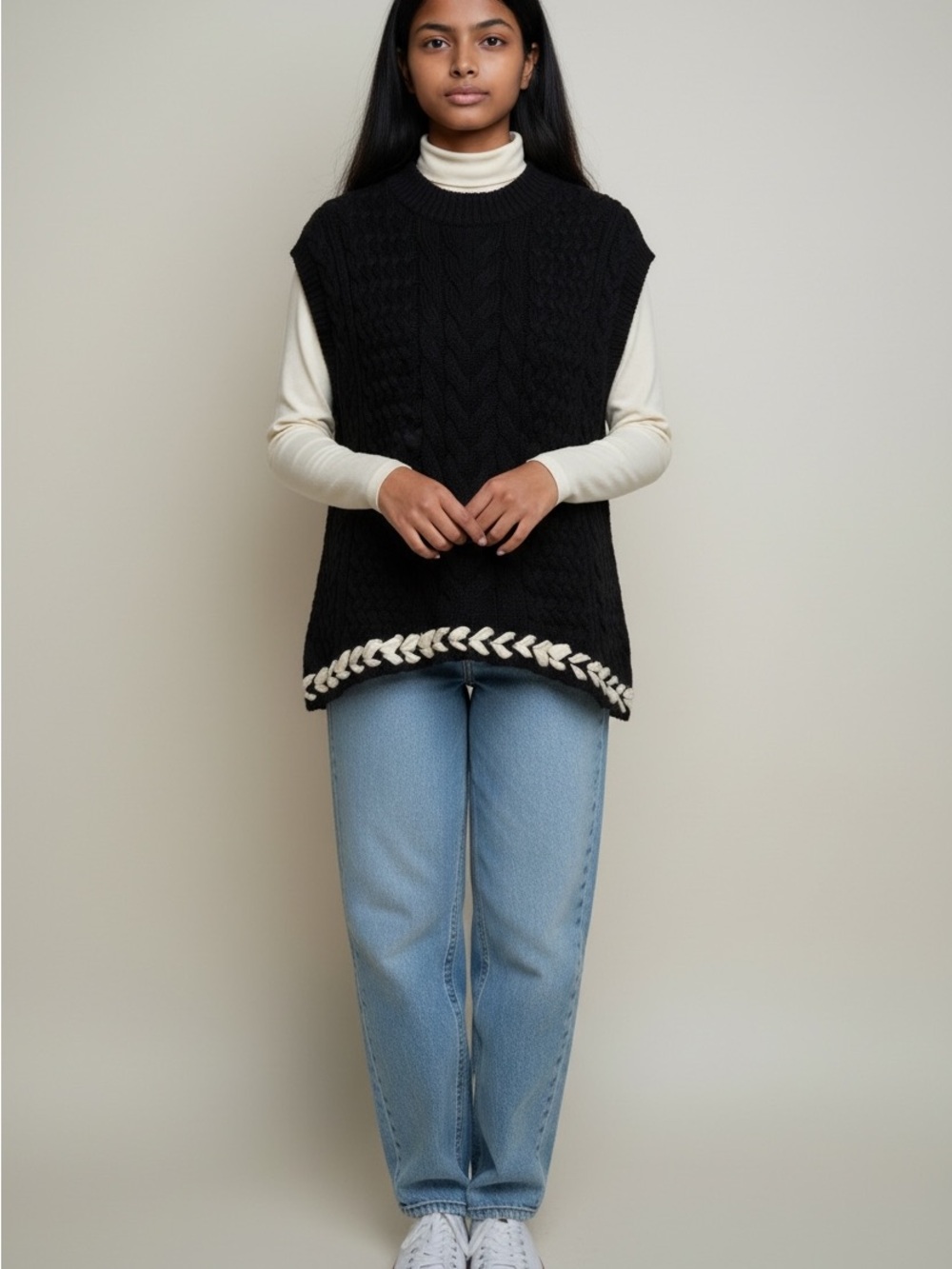 Anna & Ava Black Cable Knit Sleeveless Sweater with White Braid Hem S/M NWT - Picture 6 of 6